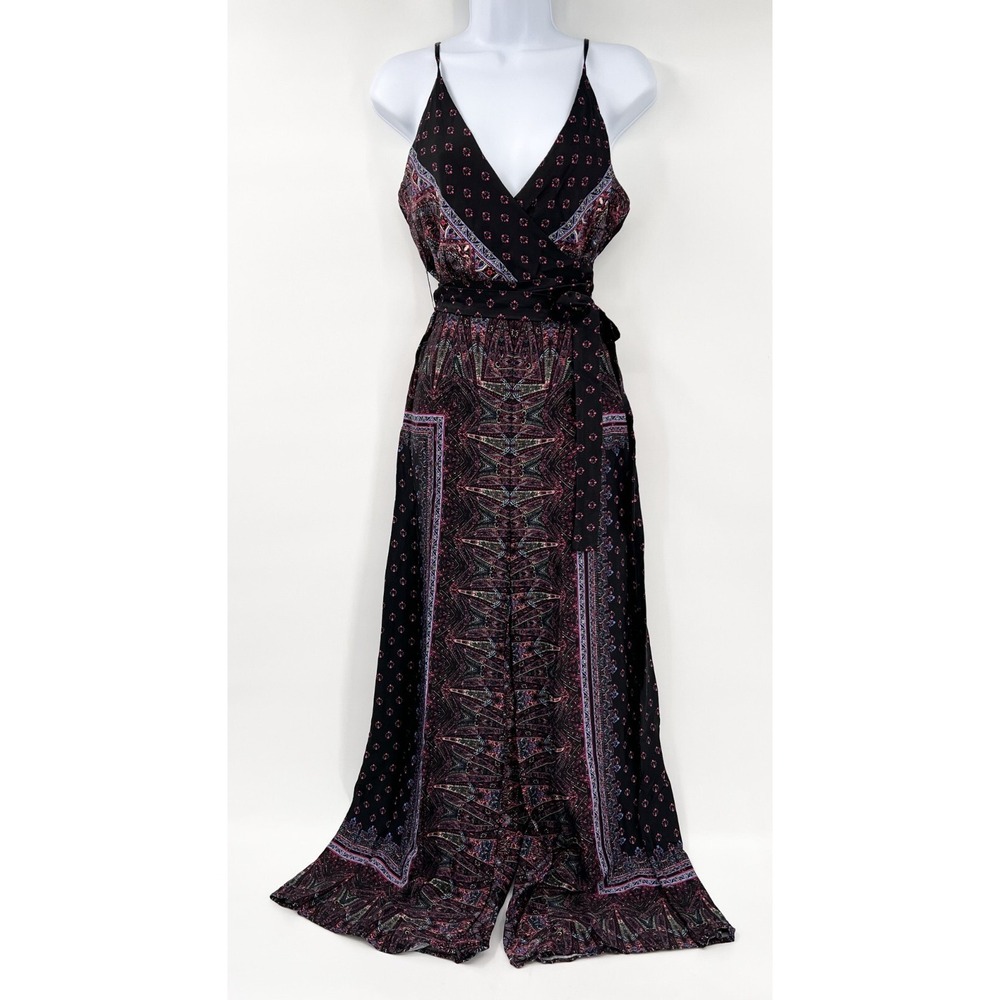 FREE PEOPLE Women's Sz 6 Black Print Satin Cabbage Rose Wide-Leg Romper Jumpsuit